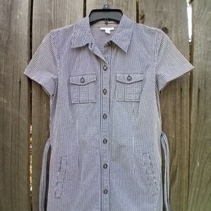 CHARTER CLUB DRESS WOMENS SZ 4 STRIPED GRAY WHITE BUTTON CLOSURE SHORT SLEEVE